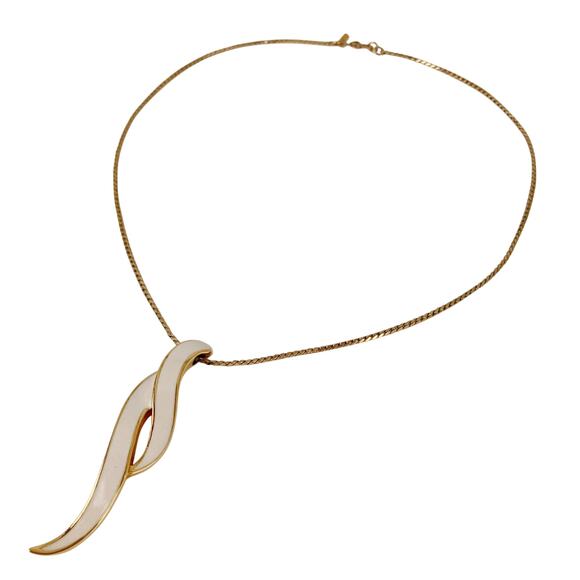 Vintage Signed Monet Necklace Modernist Cream Enamel Gold Tone 1980s - Picture 5 of 13